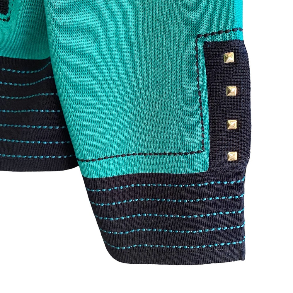 MING WANG Size L Cardigan Open Front Green Black Gold Metal Studs - Picture 5 of 9